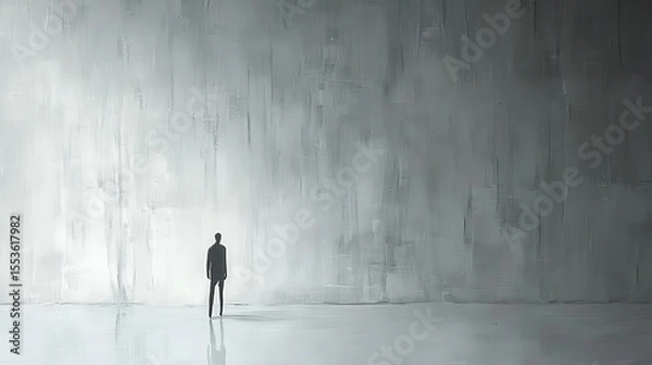 Fototapeta A solitary figure stands before a textured wall.