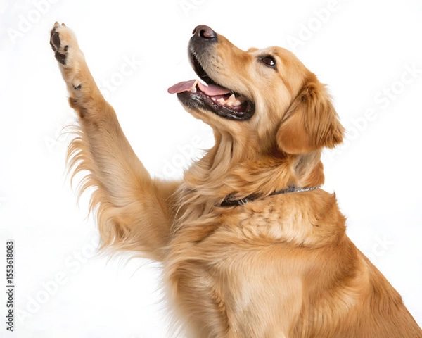 Fototapeta Golden retriever raising its paw with mouth open looking up on a plain white background in studio shot