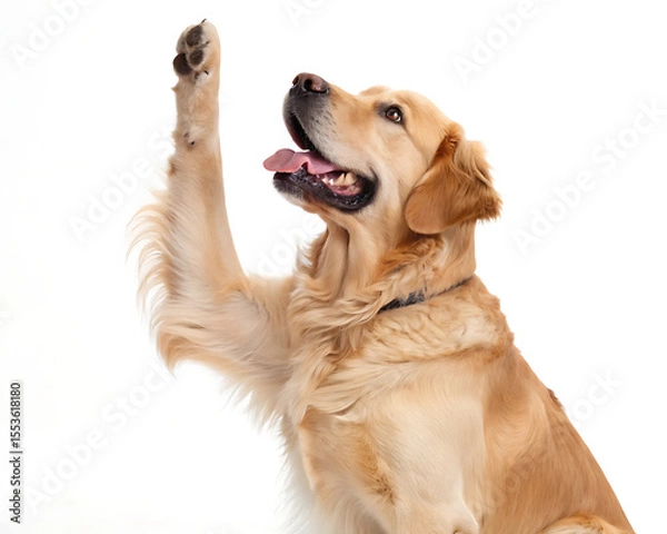 Fototapeta A golden retriever dog with its paw raised high against a white background looking upwards intently