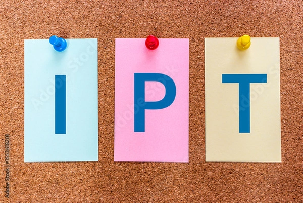 Fototapeta Conceptual 3 letters keyword IPT (Interpersonal Therapy), on multicolored stickers attached to a cork board.