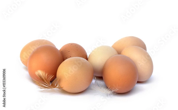 Obraz Farm brown eggs with feather on a white background with space for text. Rustic view