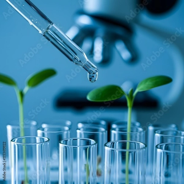 Fototapeta Scientist adds liquid to plant seedling in test tube with microscope in background