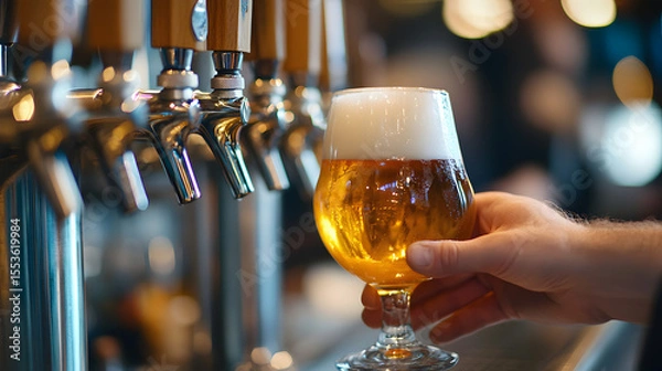 Fototapeta Hand holding a frothy glass of draft beer at a bar counter, golden lager freshly poured from stainless steel tap, alcoholic beverage close up, evening pub atmosphere, refreshing drink concept image