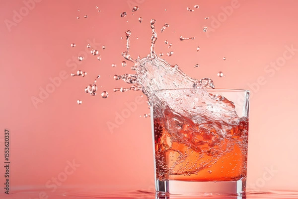 Fototapeta Red juice splash captured in transparent glass on pastel pink background, liquid explosion motion, cold beverage freshness, water splash dynamics, drink spill concept, high speed photography freeze