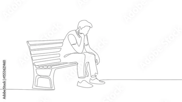 Fototapeta Single line drawing of a pensive man sitting alone on a park bench