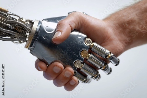 Fototapeta Human and robot handshake symbolizing collaboration