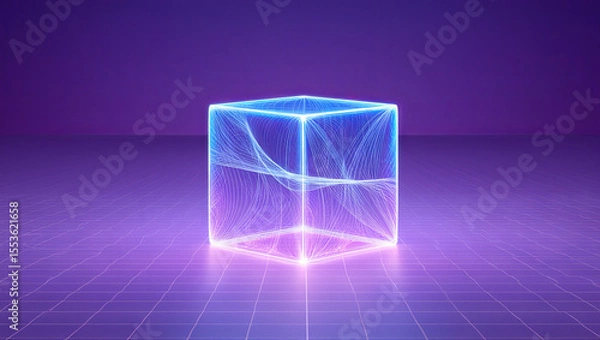 Fototapeta A 3D cube surrounded by glowing neon lines rests on a grid with a deep purple background. The vibrant colors create a dynamic visual effect, evoking a futuristic atmosphere