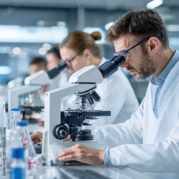 Fototapeta Professional Medical Researchers Diverse Team of Scientists and Doctors Actively Working in a Modern Laboratory with Microscopes