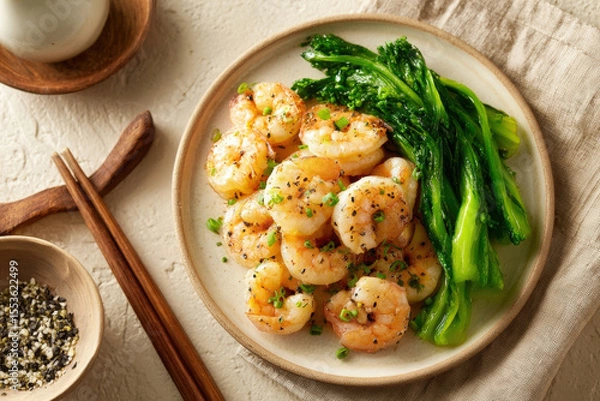 Fototapeta Flavorful Garlic Butter Shrimp with Fresh Broccolini A Healthy and Delicious Asian Inspired Seafood Meal Served with Chopsticks