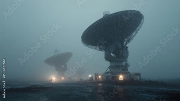 Fototapeta Mysterious Dawn at the Observatory A Giant Radio Telescope Emerges from Dense Fog, Capturing the Ethereal Beauty of Scientific Exploration