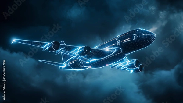 Fototapeta Glowing 3D wireframe of futuristic airplane floats in night sky, radiating neon blue light. Concept visualization of airplane, futuristic aviation technology and modern aircraft innovation