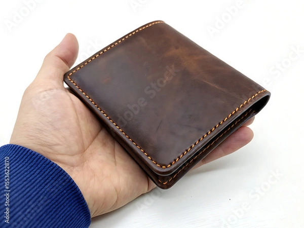 Fototapeta A hand holding a brown leather wallet with orange stitching on a white background in a studio shot