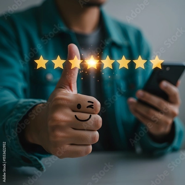 Fototapeta Customer gives a thumbs up with five star rating and smiley face on thumb