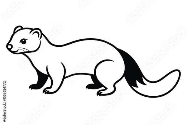 Fototapeta Cartoon stoat with black tail stands facing left against a white backdrop