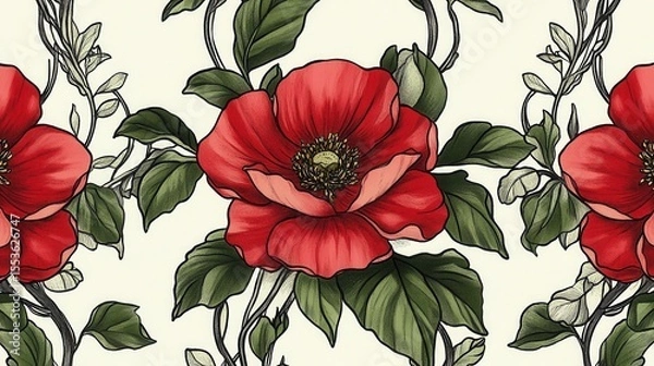 Obraz Detailed botanical illustration of red flowers and foliage on a cream background.