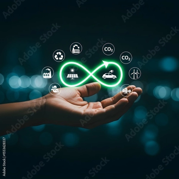 Fototapeta Hand holding a glowing infinity loop representing circular economy with environmental icons