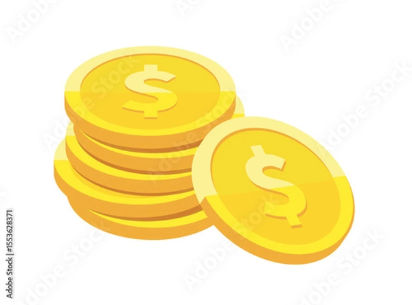 Obraz Money coin stack pile. Business and finance concept design element. Gold coins with us dollar currency sign vector illustration isolated on white background.