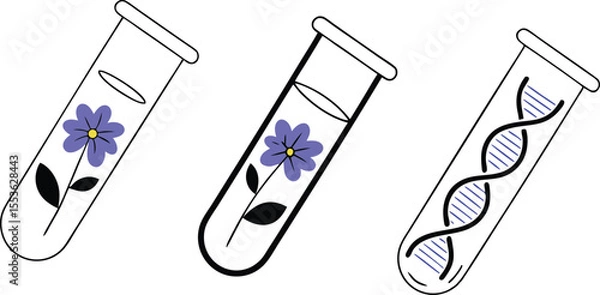 Fototapeta Capsules like scientific sample tubes each containing a tiny cartoon flower with DNA tags on the glass