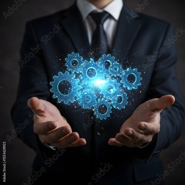 Fototapeta Businessman holding glowing blue gears and particles symbolizing teamwork and innovation