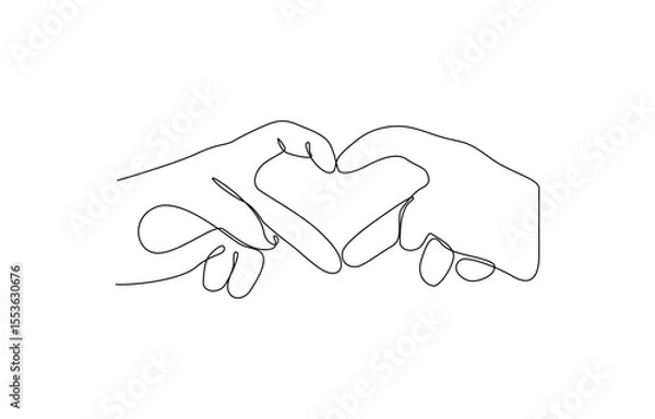Fototapeta Single one line drawing hands making sign or symbol heart by fingers, Minimalist silhouette Hand Drawn Line Illustrations of Hands Forming Heart Shapes. Editable outline