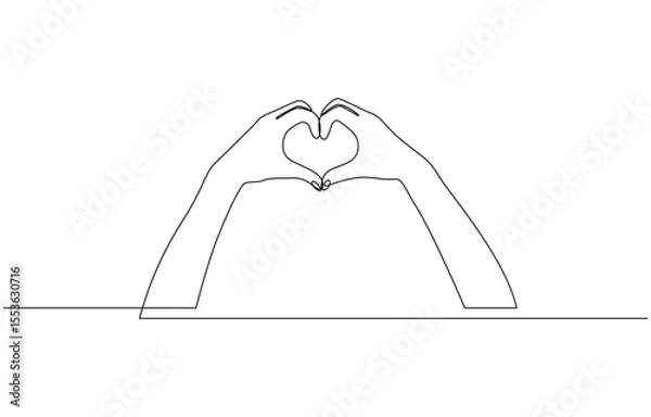 Fototapeta Single one line drawing hands making sign or symbol heart by fingers, Minimalist silhouette Hand Drawn Line Illustrations of Hands Forming Heart Shapes. Editable outline