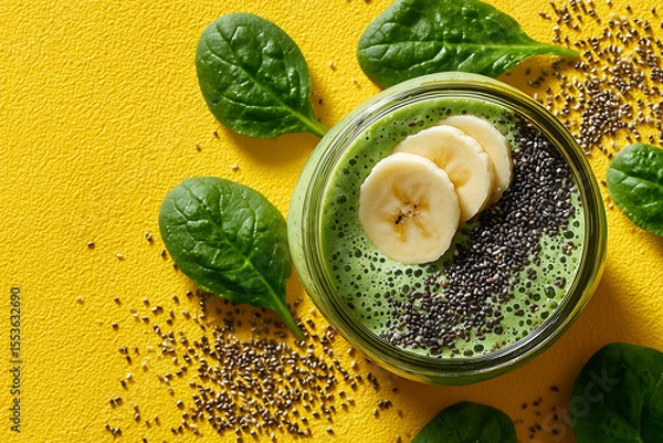 Fototapeta green smoothie with banana slices and chia seeds in glass jar surrounded by fresh spinach leaves and scattered chia on vibrant yellow background perfect for healthy food and wellness concepts