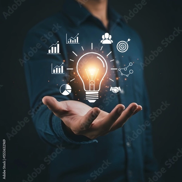 Fototapeta Man holding glowing light bulb with business and success icons floating around