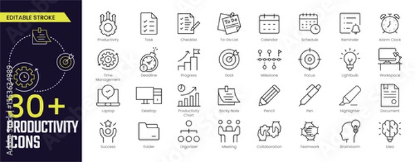 Obraz Productivity Stroke icon collections. Containing Task, Checklist, To-Do List, Calendar, Schedule, Reminder, Alarm Clock, Meeting, and Teamwork icons. Editable Stroke icon collection Outline icon
