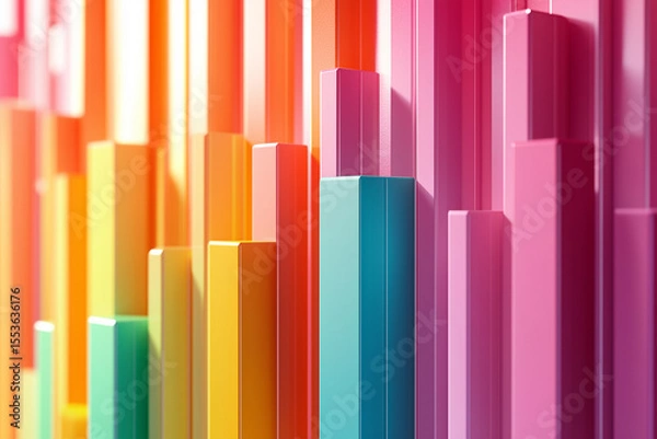 Fototapeta Abstract colorful background with vibrant 3D bar graphs depicting financial growth and market success, illustrating data progress with upward arrows and dynamic design