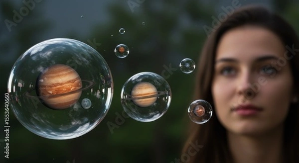 Obraz Dreamy visual of space planets orbiting inside magical transparent spheres.

