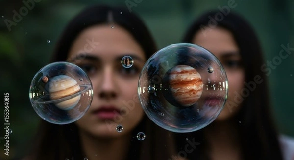 Obraz Dreamy visual of space planets orbiting inside magical transparent spheres.

