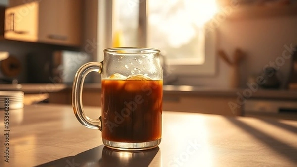 Fototapeta Glass mug with a subtle texture, suitable for cold beverages, cozy home atmosphere.