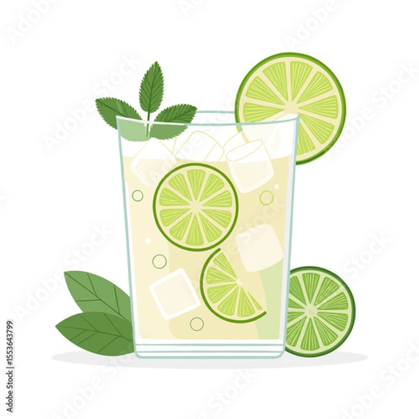 Fototapeta Fresh lime mojito cocktail with mint leaves and ice cubes  
