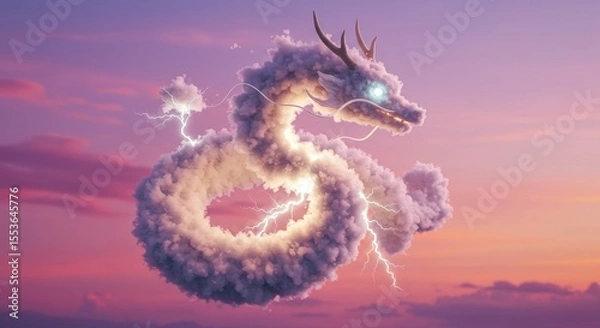 Obraz Cloud-formed dragon with glowing lightning flies through pastel skies.
