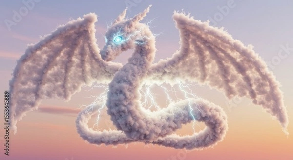 Obraz Cloud-formed dragon with glowing lightning flies through pastel skies.