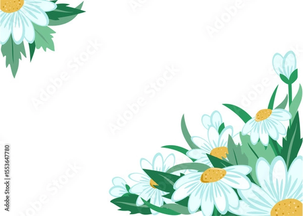 Obraz Banner, flowers, chamomile on a white isolated background with space for text. For a colorful greeting card, invitation. Set of meadow flowers.