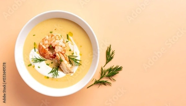 Fototapeta Lobster Bisque Soup With Shrimp Garnish and Fennel on Peach Background
