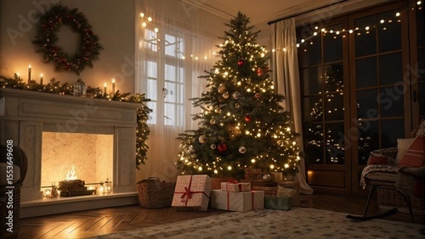 Obraz Cozy Christmas Scene with Glowing Lights and Decorated Tree