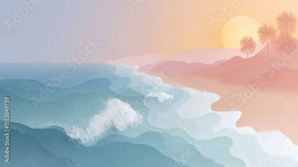 Fototapeta painting of a beach with a sunset in the background