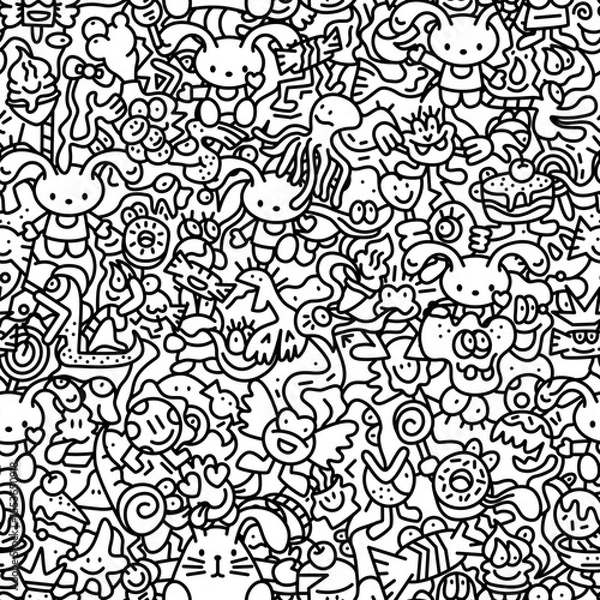Fototapeta Hand-drawn seamless vector doodle pattern in black and white. Cute kawaii-style characters including animals, desserts, cartoon faces.