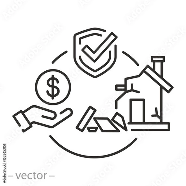 Obraz icon of compensation for destroyed property, property insurance,  security home, protection of real estate, damage house, thin line symbol on white background - editable stroke vector illustration eps