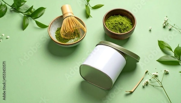 Fototapeta Matcha Tin Mockup With Matcha Powder Bamboo Whisk And Greenery on Soft Green Backdrop