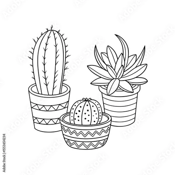 Fototapeta "Line Art Drawing of Potted Cactus and Succulent Plants – Minimalist Vector Illustration in EPS Format"

