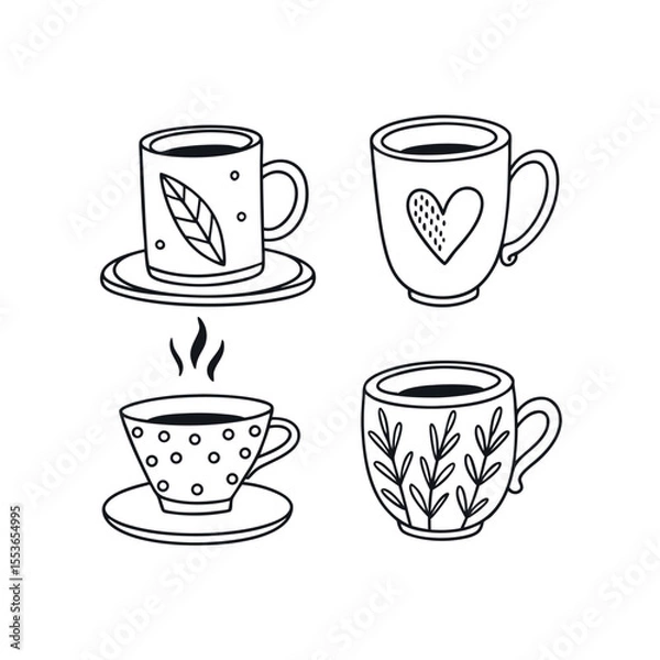 Fototapeta "Minimalist Coffee Mug Doodle Collection – Black and White Vector Illustrations in EPS Format"

