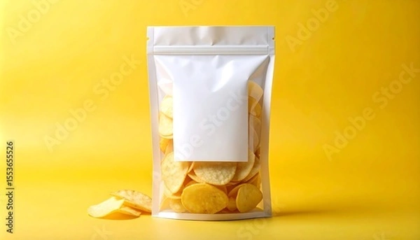 Fototapeta Matte Stand-Up Pouch With Golden Chips Transparent Window And Blank White Label On Yellow Backdrop