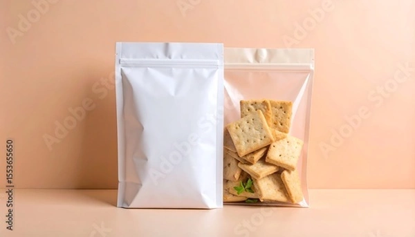 Fototapeta Matte White And Transparent Snack Bags Filled With Tofu Crackers On Peach Background