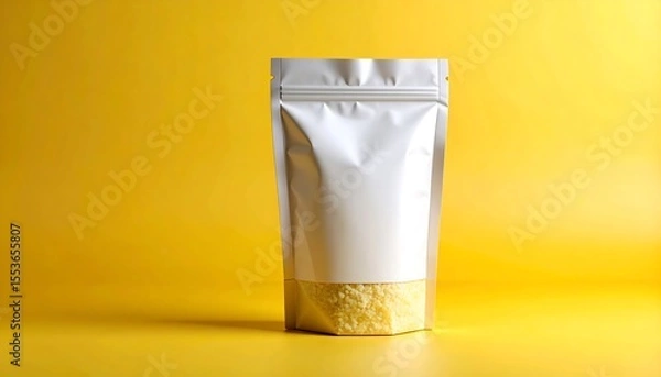 Fototapeta Matte White Foil Pouch Of Cornstarch With Blank Label Against Yellow Backdrop