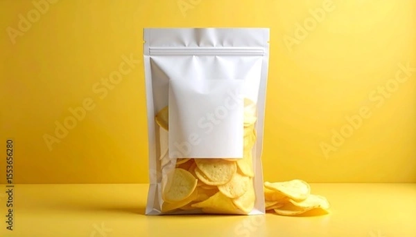 Fototapeta Matte White Pouch with Transparent Window and Cassava Chips on Yellow Background