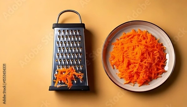 Fototapeta Metal Grater With Shredded Carrots on Plate and Orange Surface Top View