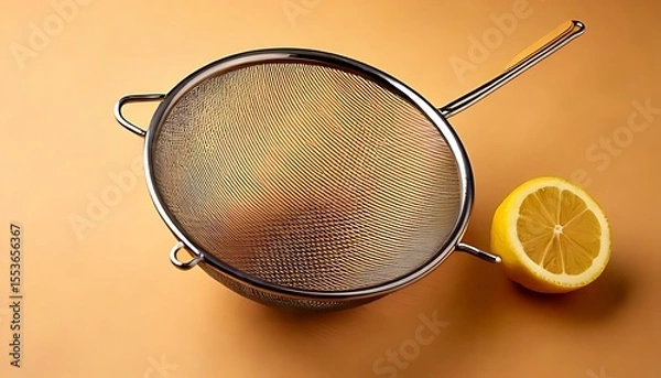 Fototapeta Metal Strainer with Lemon Wedge on Orange Background with Sieve Texture